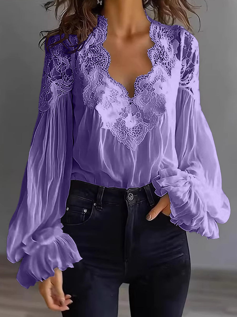 Blouse Femme en Dentelle à Manches Bouffantes Patchwork