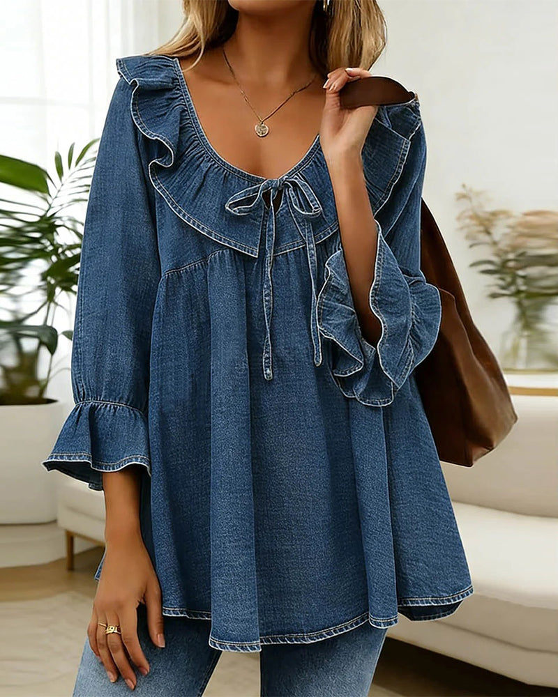 Blouse Bleue Inspirée du Denim à Détails Volants Aérée