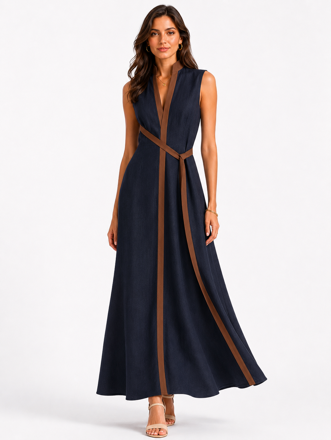 Robe midi sans manches pour femme avec col montant coupe décontractée