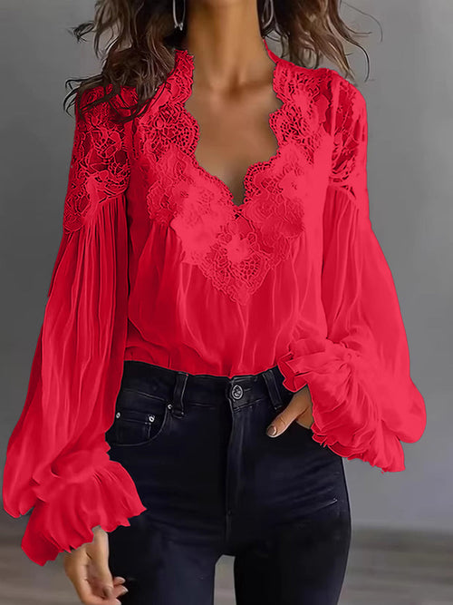 Blouse Femme en Dentelle à Manches Bouffantes Patchwork