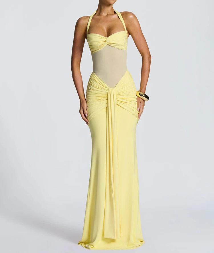 Robe longue moulante drapée à col halter robe de soirée sculptante