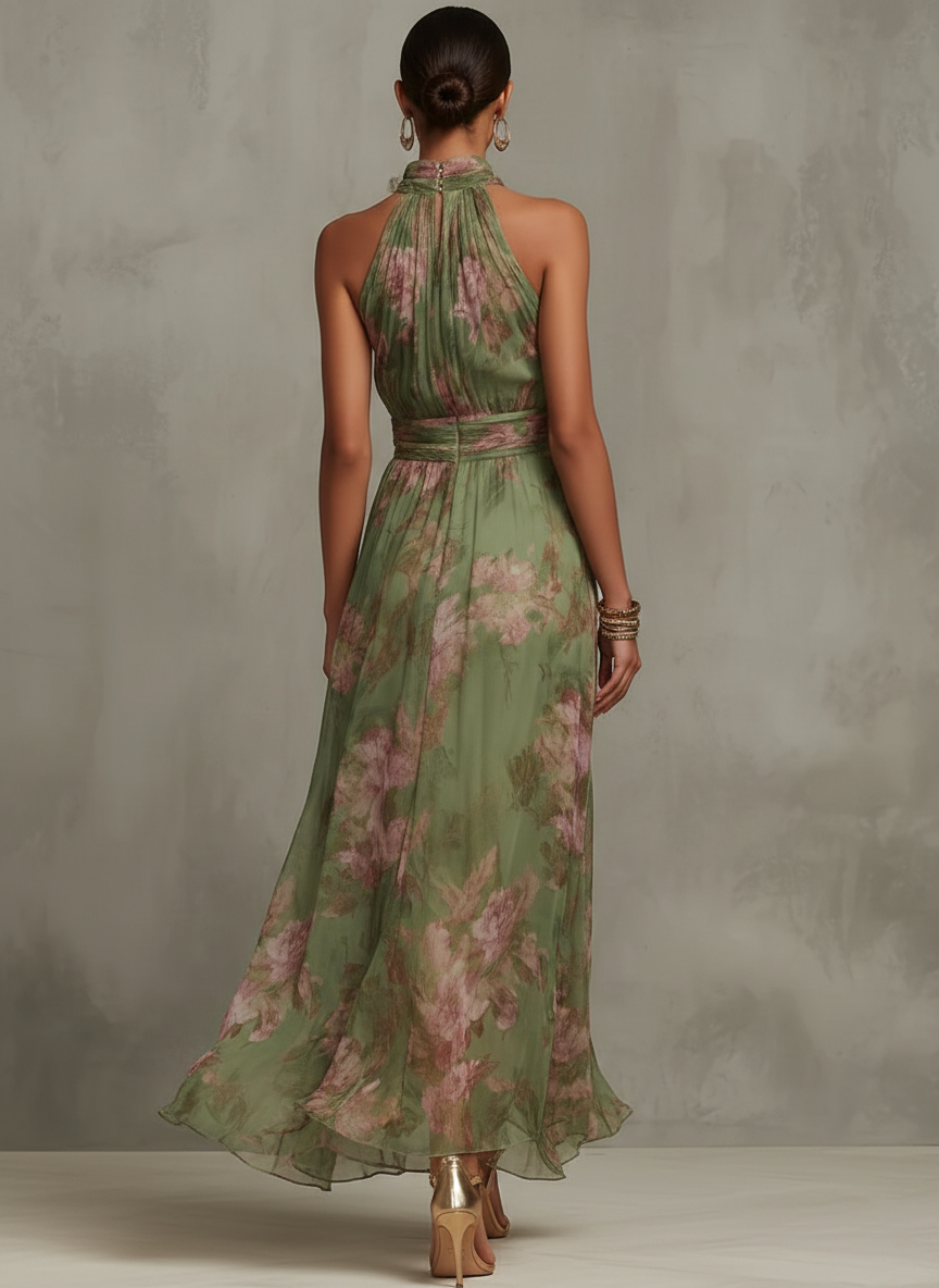Robe longue en mousseline à fleurs vertes avec col licou