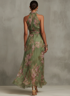 Robe longue en mousseline à fleurs vertes avec col licou