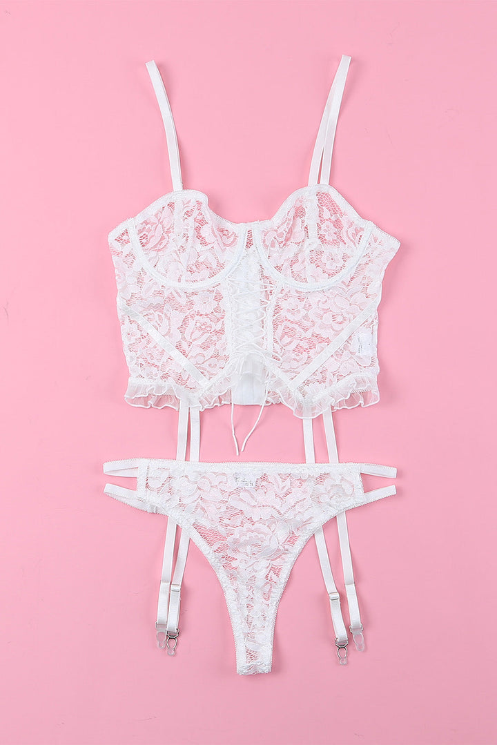 Ensemble de lingerie deux pièces blanc en dentelle à volants avec croisillons