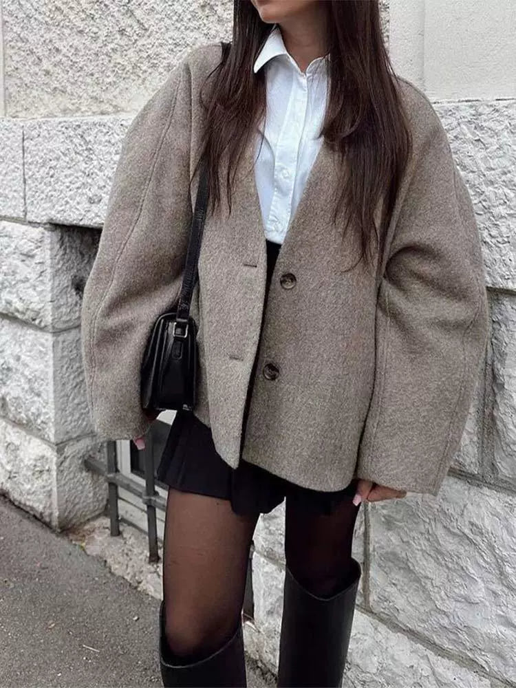 Manteau oversize à col en V effet laine pour femme