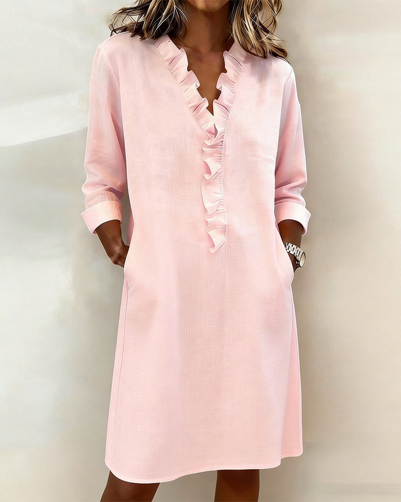 Robe droite en mélange de lin avec volants aérienne