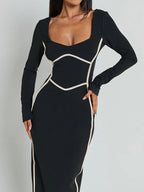 Robe maxi moulante à manches longues avec bordure contrastée