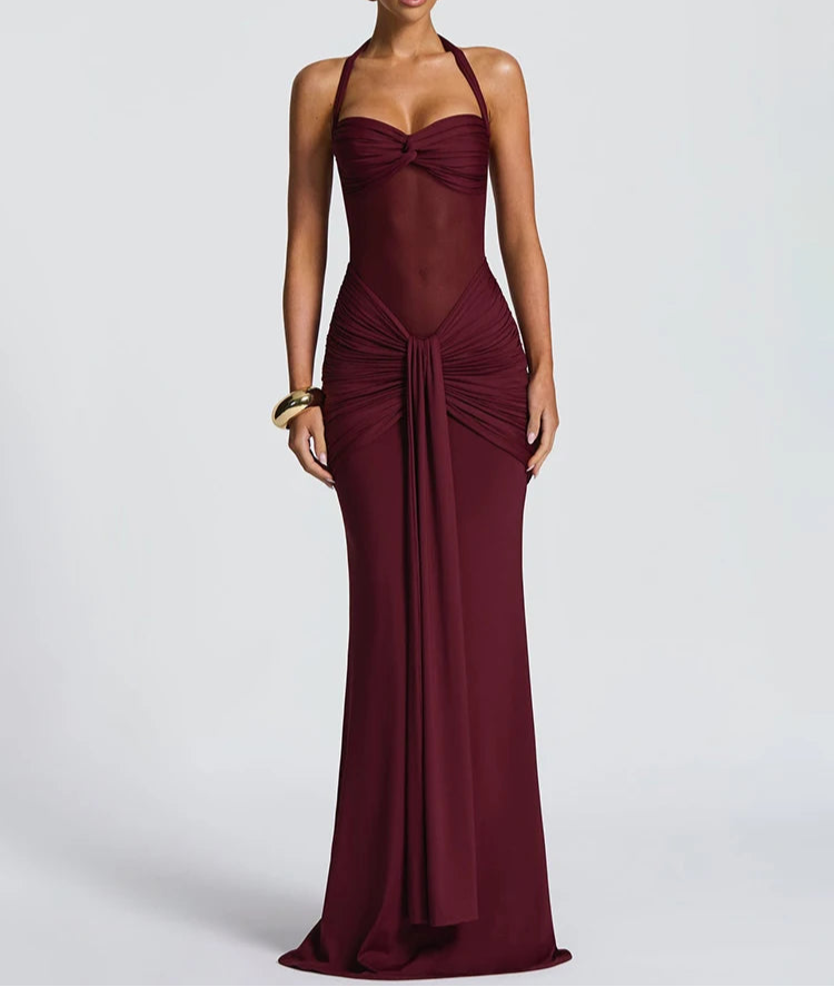 Robe longue moulante drapée à col halter robe de soirée sculptante