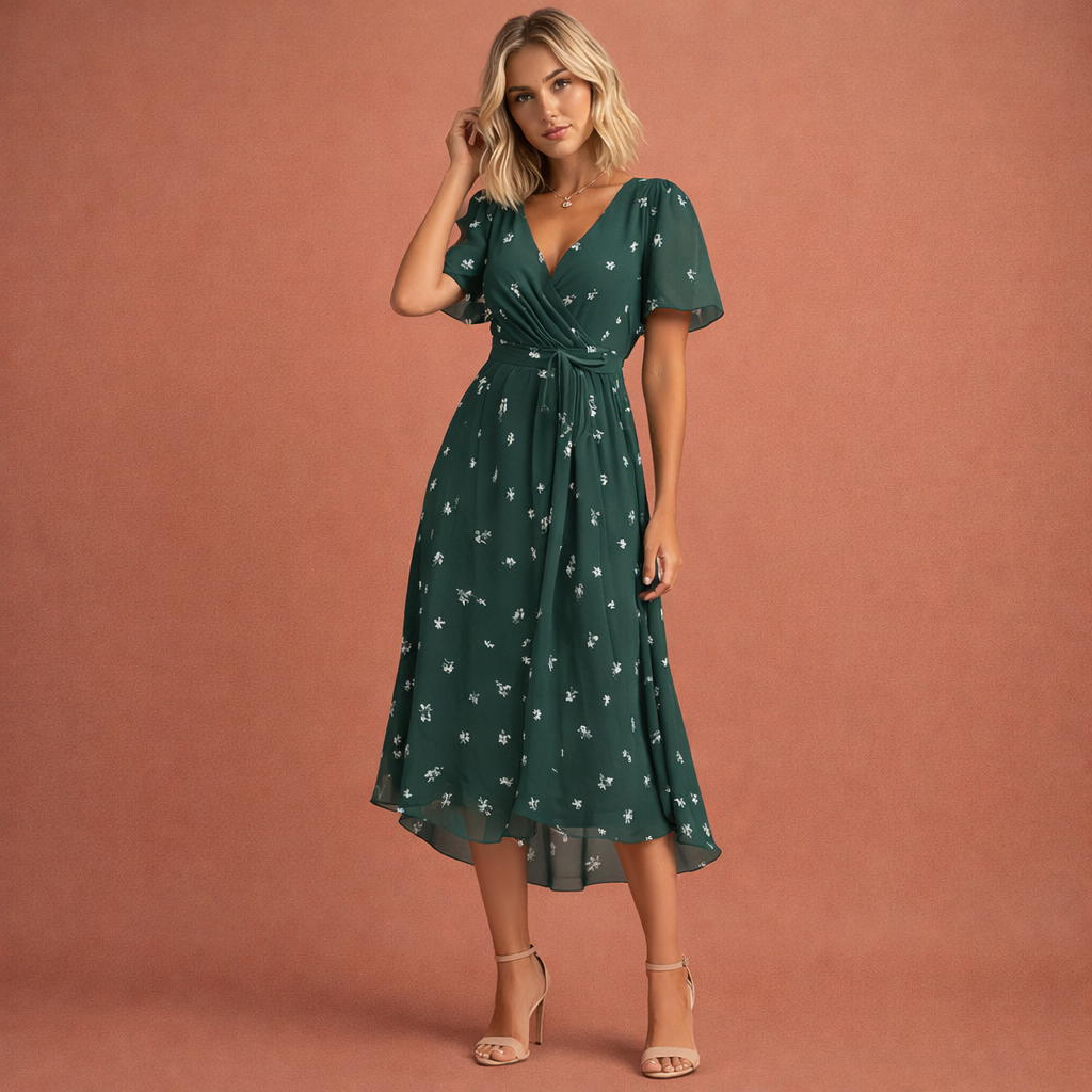 Robe midi à imprimé floral avec manches courtes pour femmes