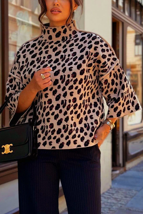 Pull en tricot à motif léopard confortable avec col roulé ample