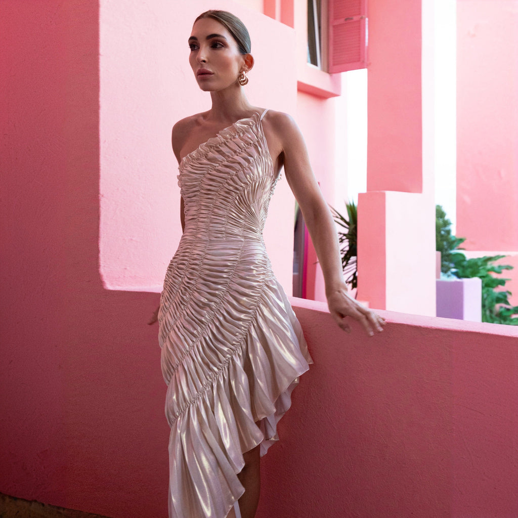 Robe midi asymétrique plissée argentée pour femmes
