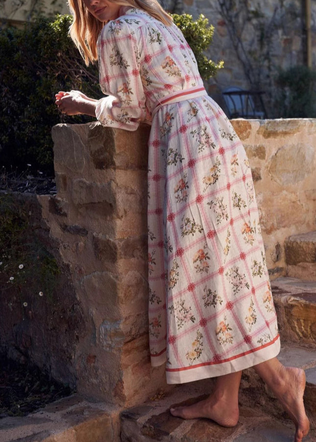 Robe longue décontractée en coton pour femme avec col Peter Pan et laçage en dentelle