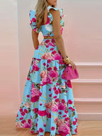 Ensemble bustier volanté floral et jupe longue évasée