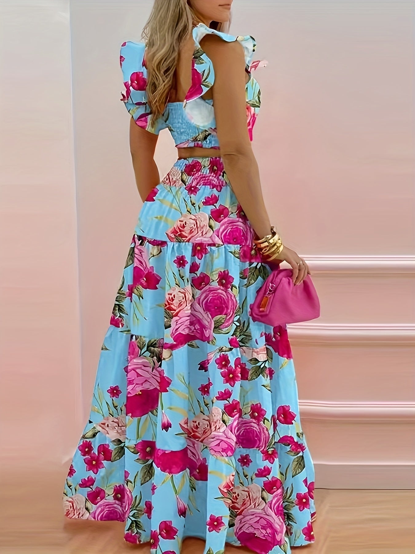 Ensemble bustier volanté floral et jupe longue évasée