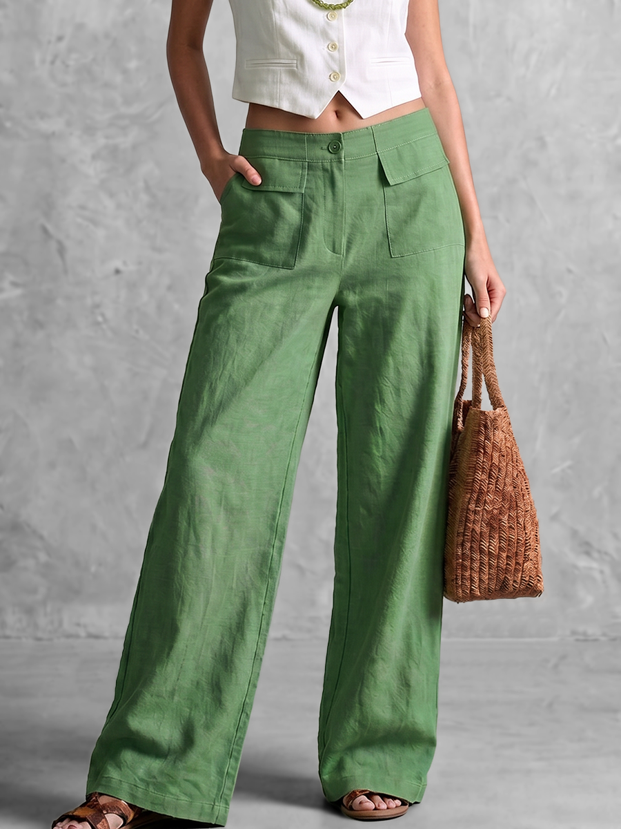 Pantalon femme vert taille haute à jambe large avec poches