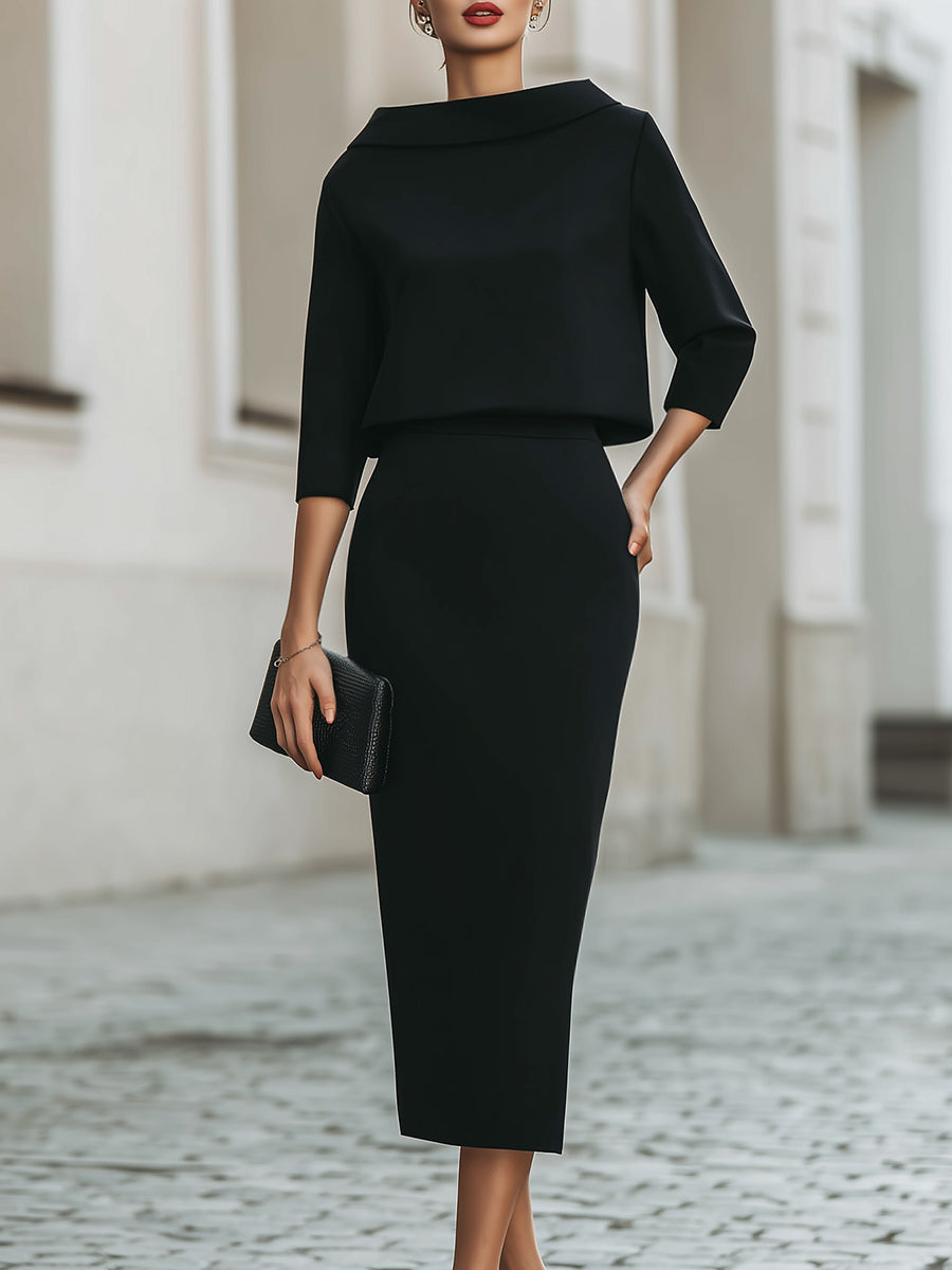 Ensemble Haut Col Bateau et Jupe Midi pour Femme