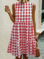 Robe Mini Sans Manches à Carreaux Facile avec Détails Plissés