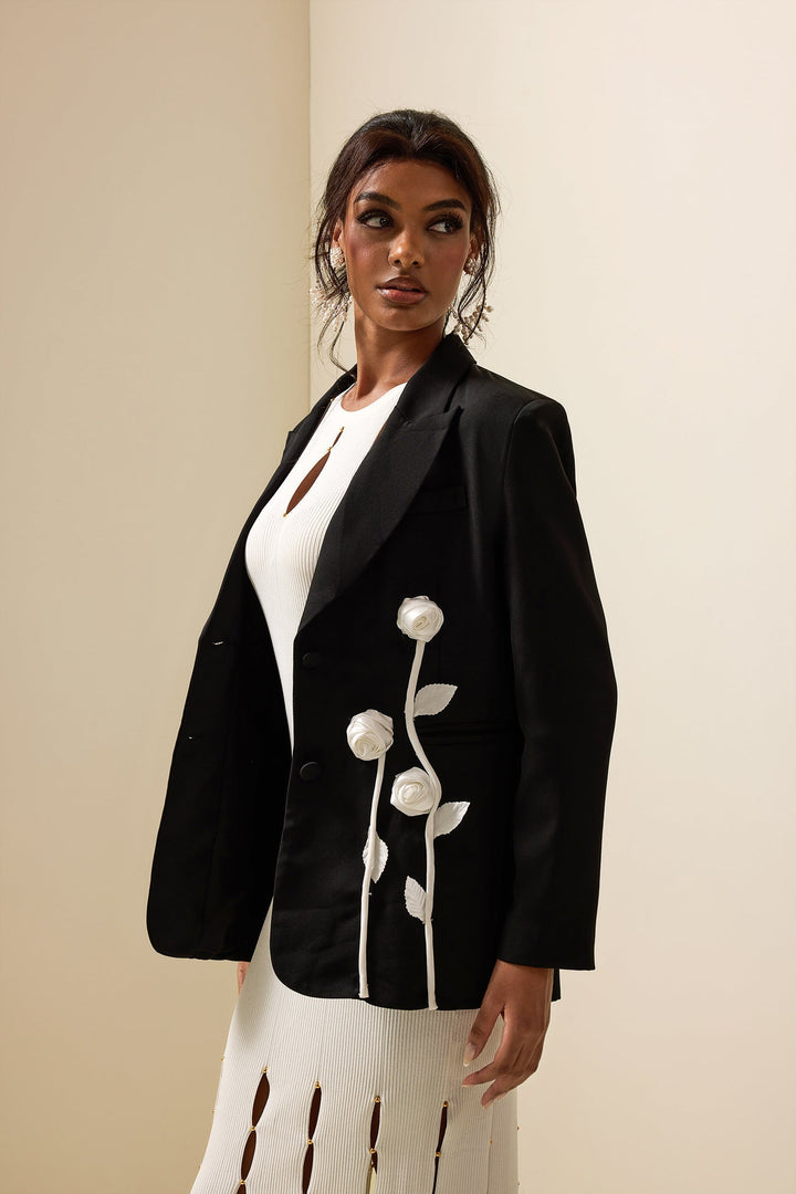 Veste Blazer à Manches Longues avec Contraste Fleuri
