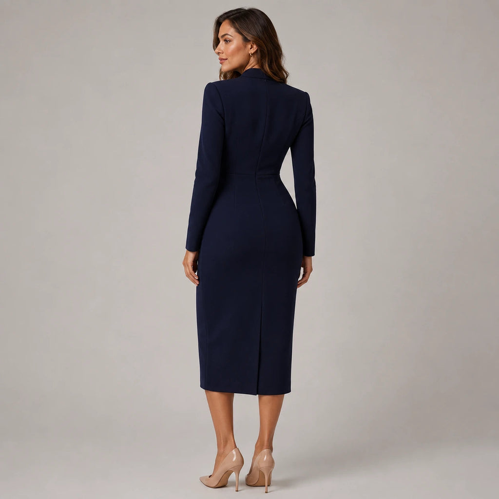 Robe midi portefeuille à manches longues ajustée pour femme avec col en V