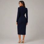 Robe midi portefeuille à manches longues ajustée pour femme avec col en V
