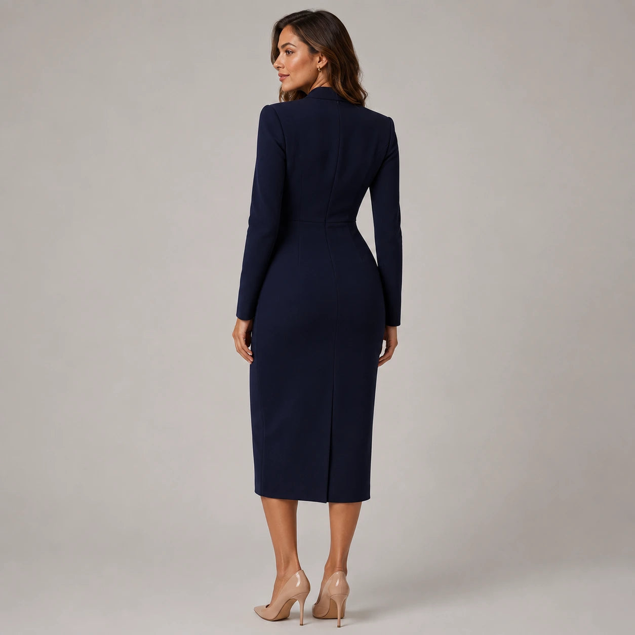 Robe midi portefeuille à manches longues ajustée pour femme avec col en V