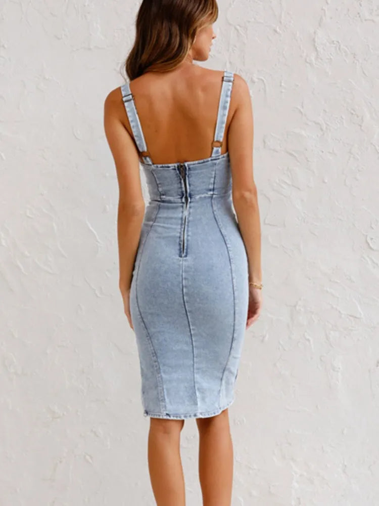 Robe midi en denim avec bretelles réglables