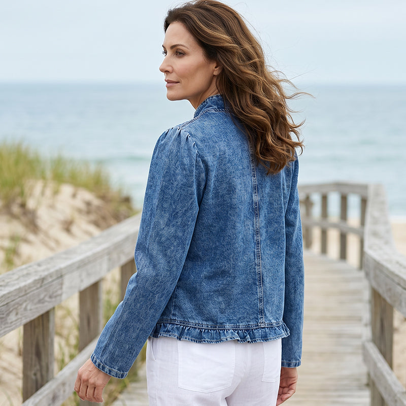 Veste en jean pour femmes avec bordure à volants et devant ouvert