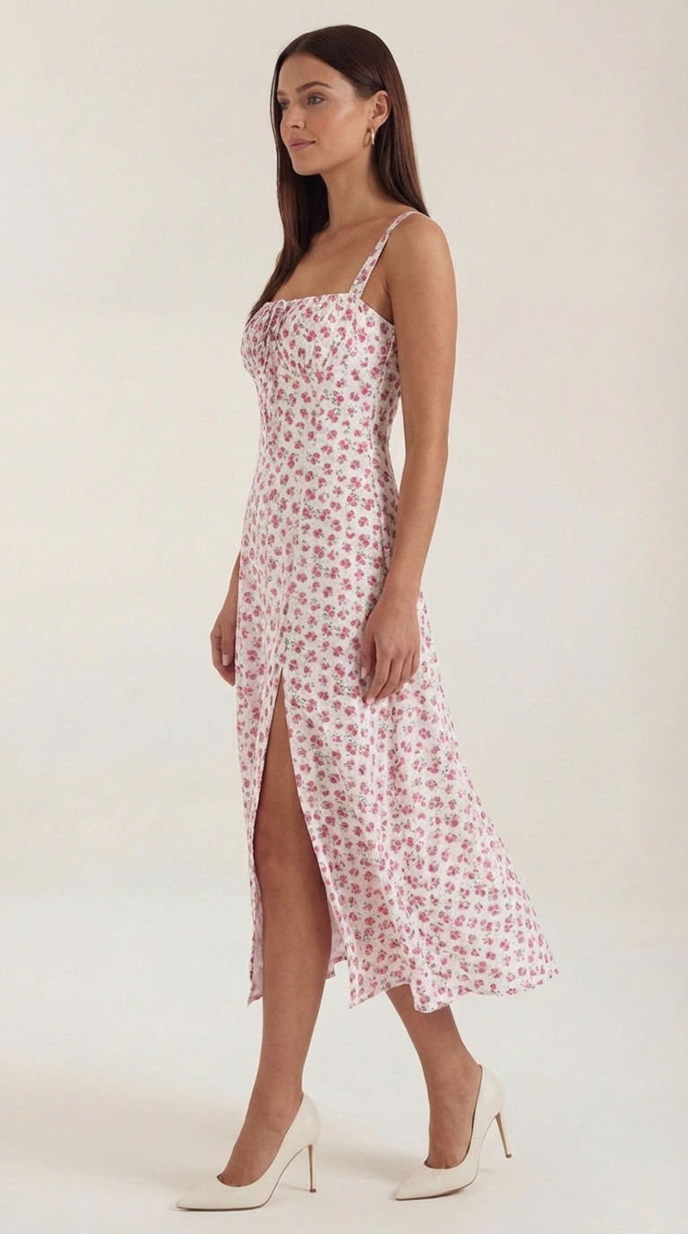 Robe midi fleurie pour femmes, idéale pour les invitées de mariage