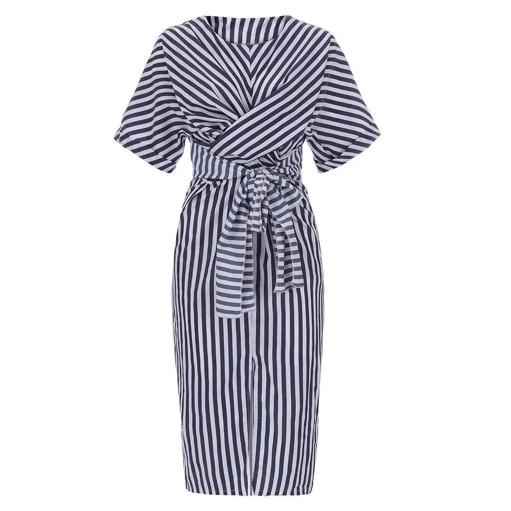 Pauline Laurent® | Robe Midi Portefeuille à Rayures Élégantes