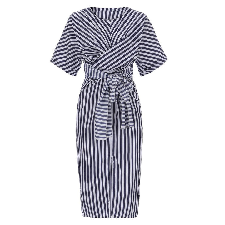 Pauline Laurent® | Robe Midi Portefeuille à Rayures Élégantes