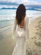 Robe Longue en Crochet Sans Dos avec Manches Longues Transparentes