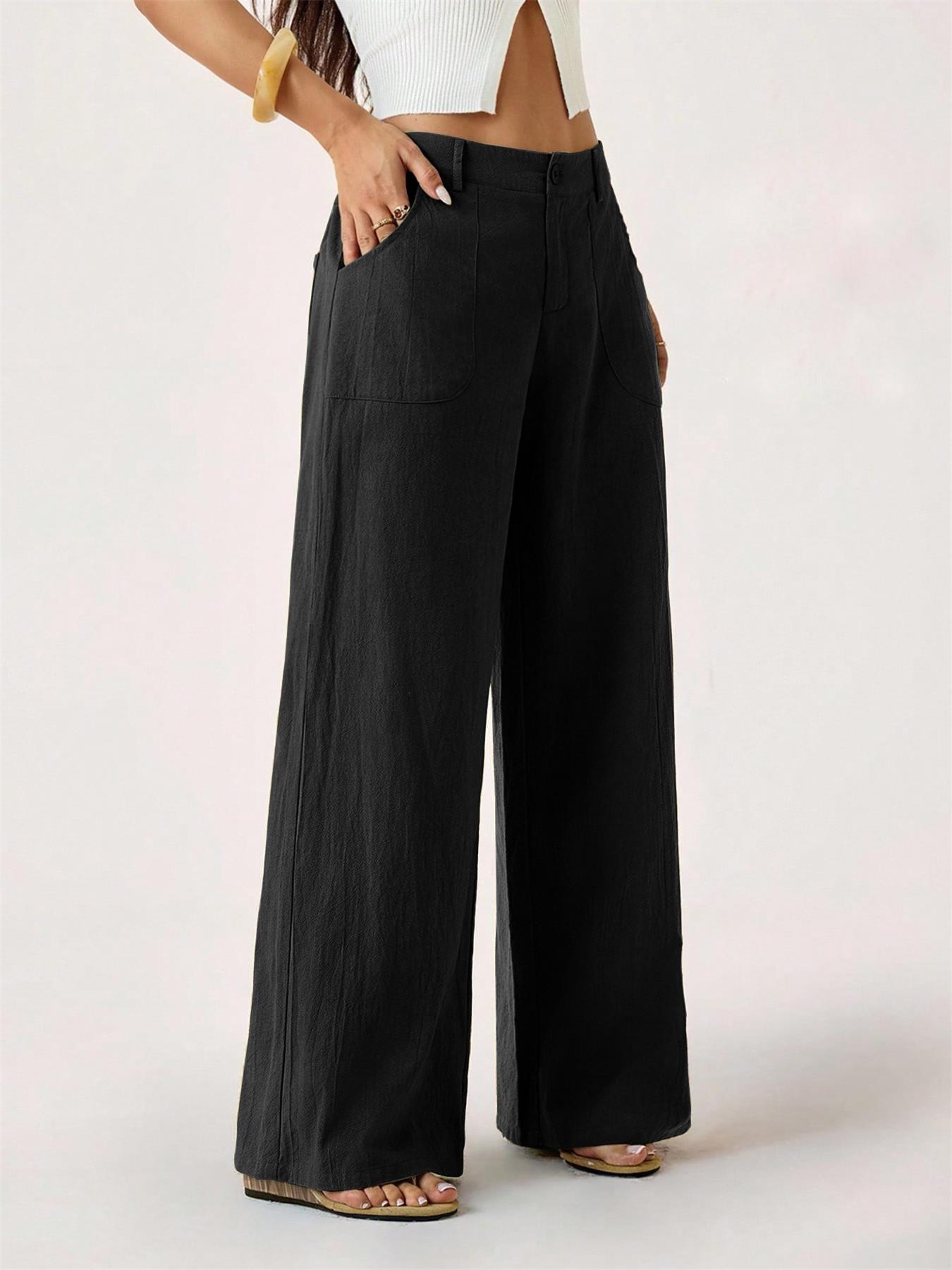 Pantalon taille haute large en mélange coton lin