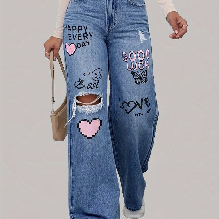 Jean en denim à taille haute et jambes larges avec imprimé graphique