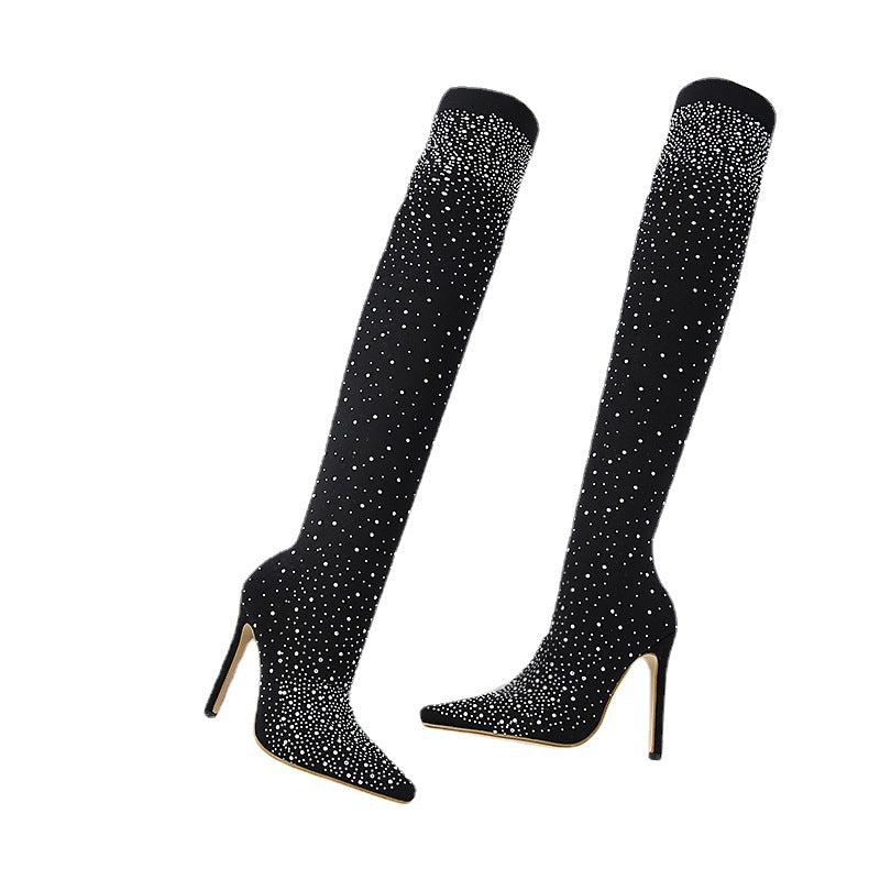 Bottes mi-cuisses étincelantes en faux diamant