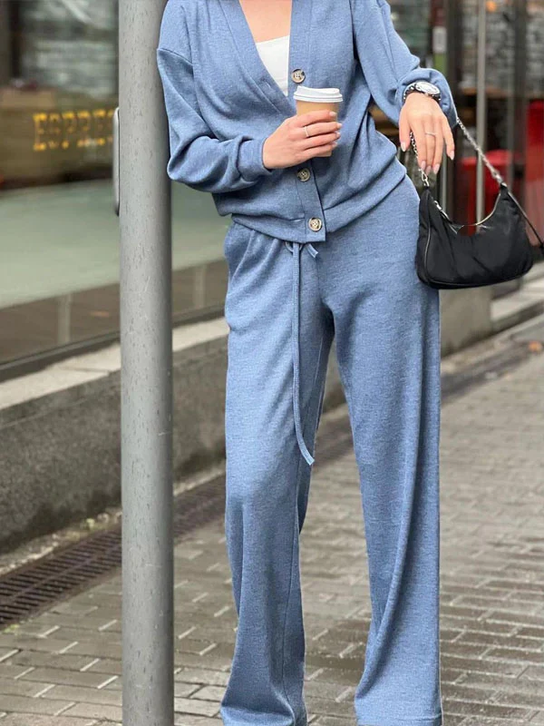 Ensemble décontracté confortable pull à col en V et pantalon