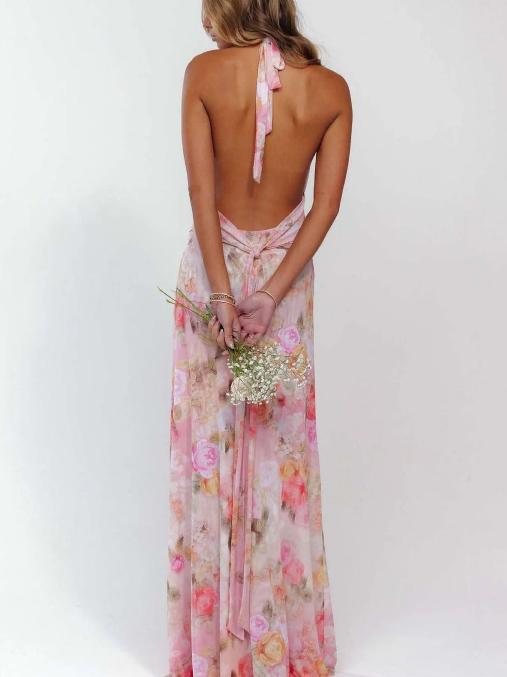 Robe longue froncée à col halter imprimé floral