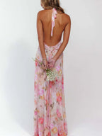 Robe longue froncée à col halter imprimé floral