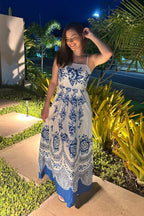 Robe midi bleu en polyester à bretelles spaghetti