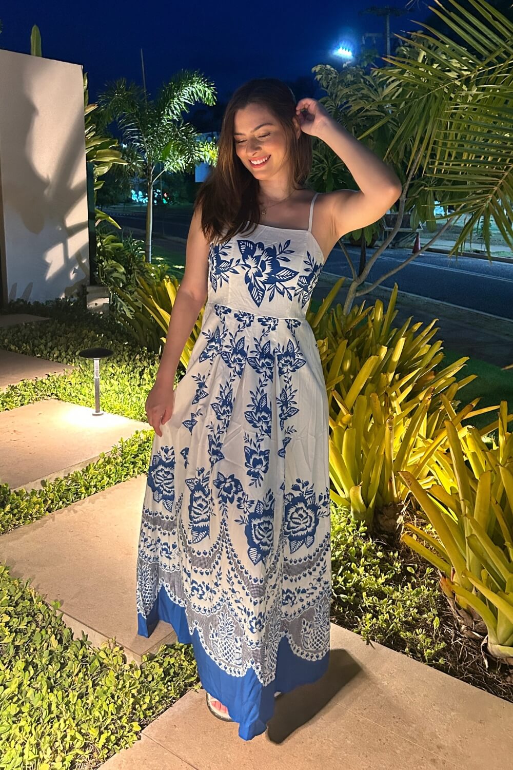 Robe midi bleu en polyester à bretelles spaghetti