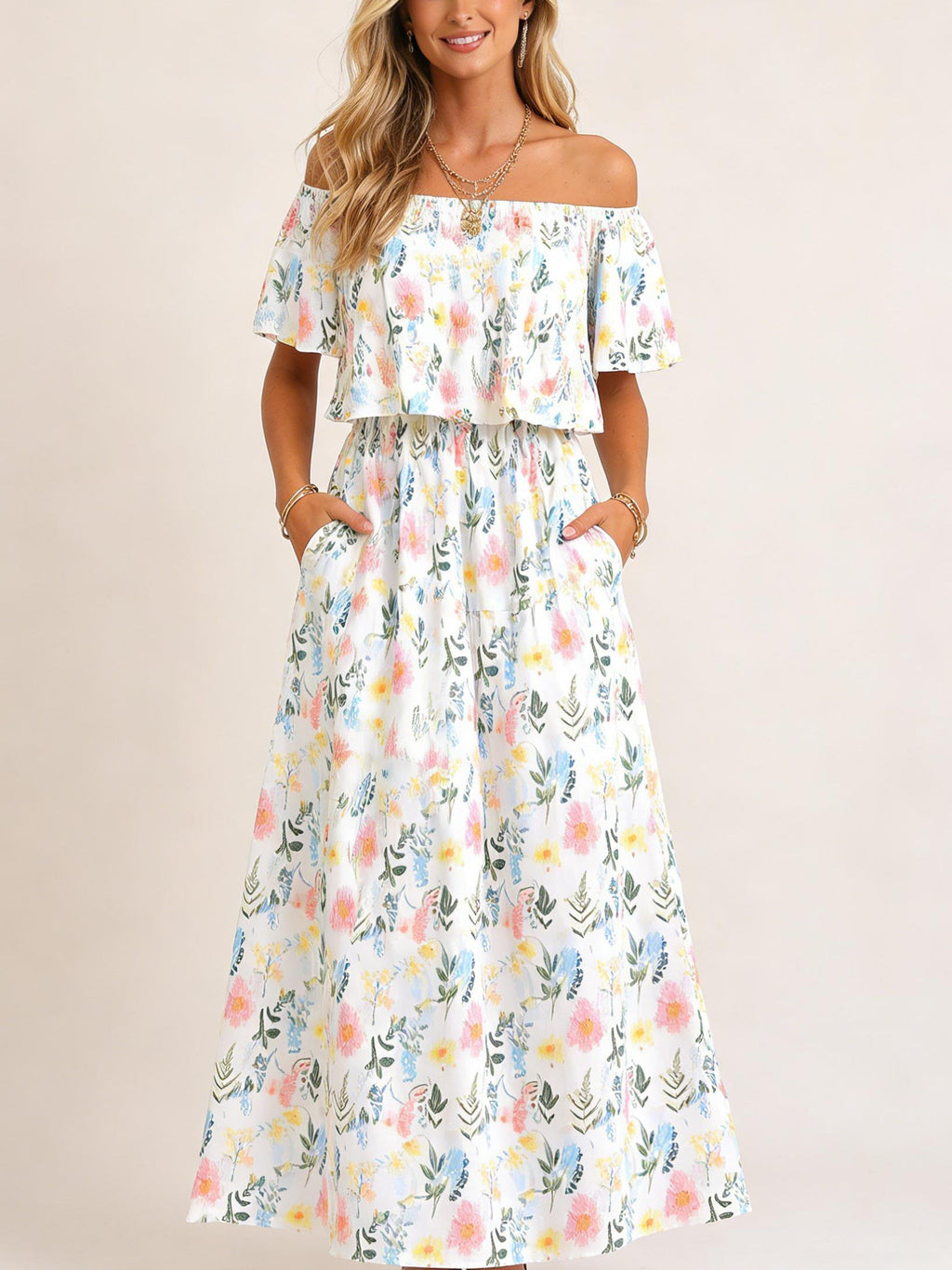 Robe maxi d'été florale pour femme à épaules dénudées