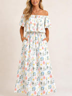 Robe maxi d'été florale pour femme à épaules dénudées
