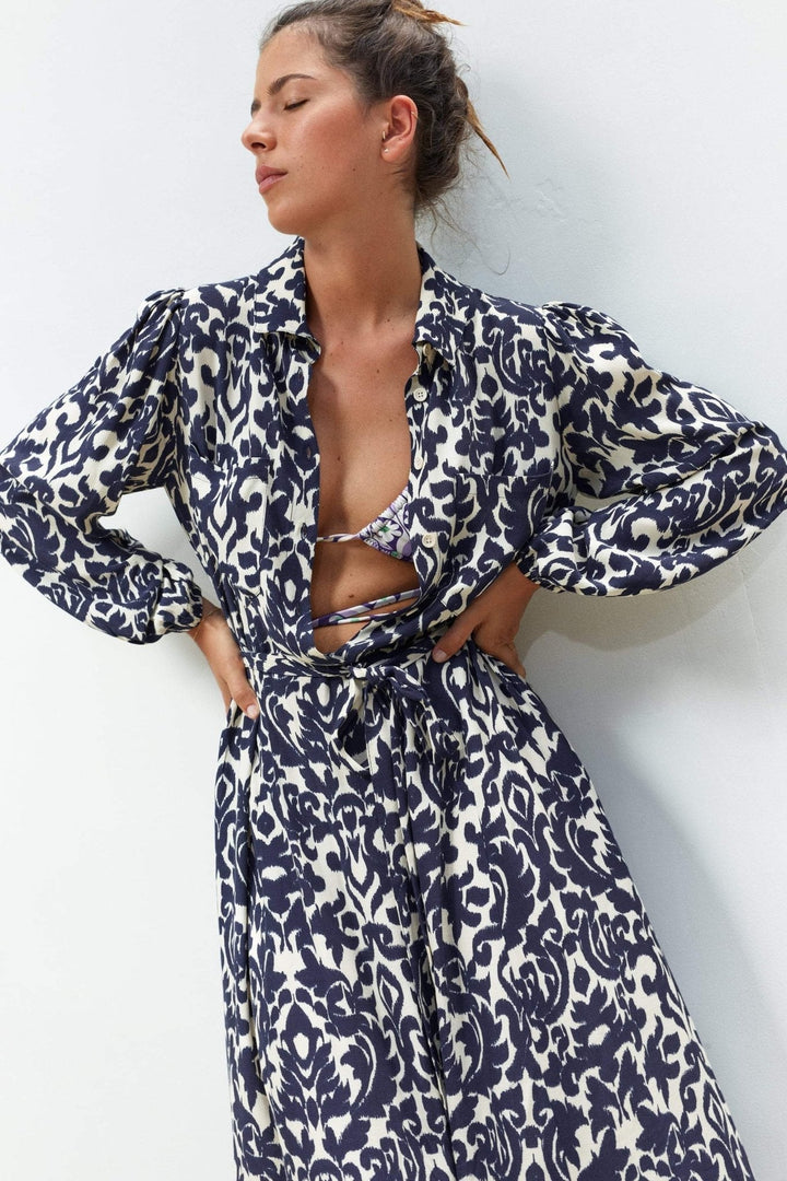 Pauline Laurent® | Robe-chemise midi imprimée avec cordon de serrage