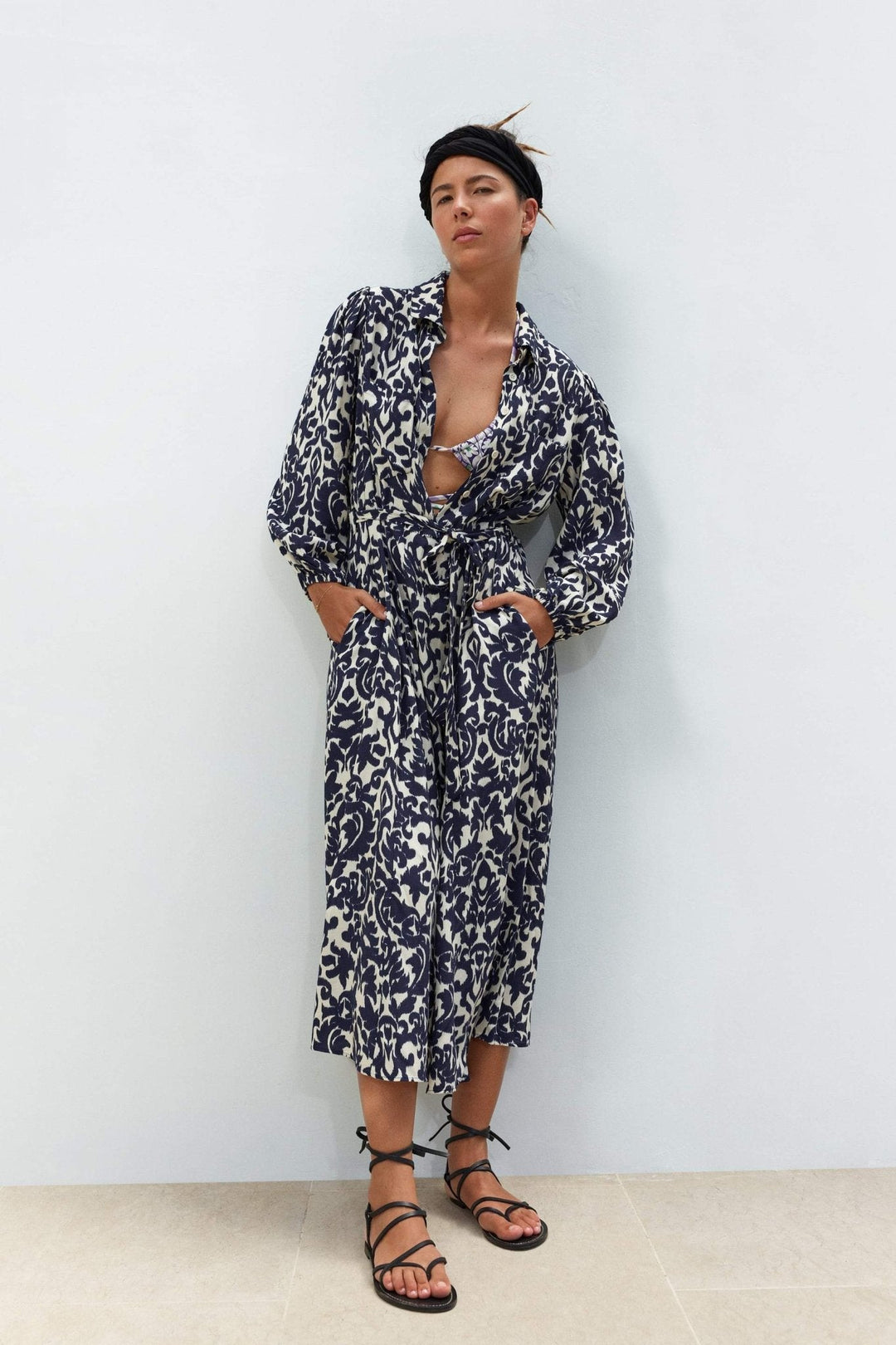 Pauline Laurent® | Robe-chemise midi imprimée avec cordon de serrage