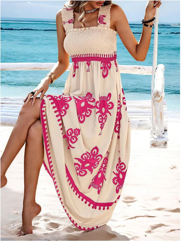 Robe Maxi Smockée à Imprimé Géométrique Artistique