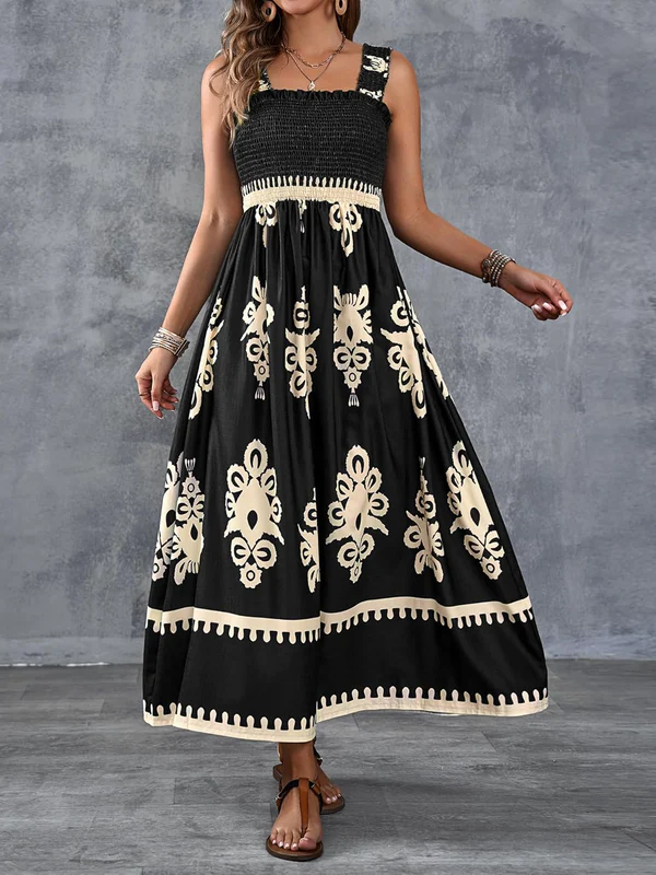 Robe Maxi Smockée à Imprimé Géométrique Artistique