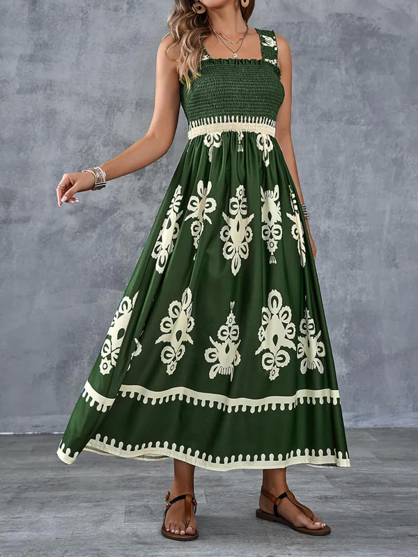 Robe Maxi Smockée à Imprimé Géométrique Artistique