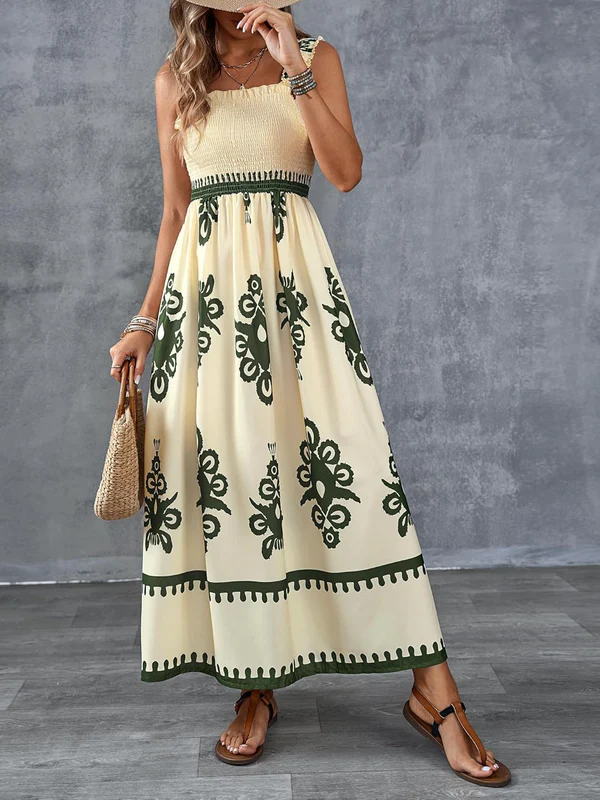 Robe Maxi Smockée à Imprimé Géométrique Artistique