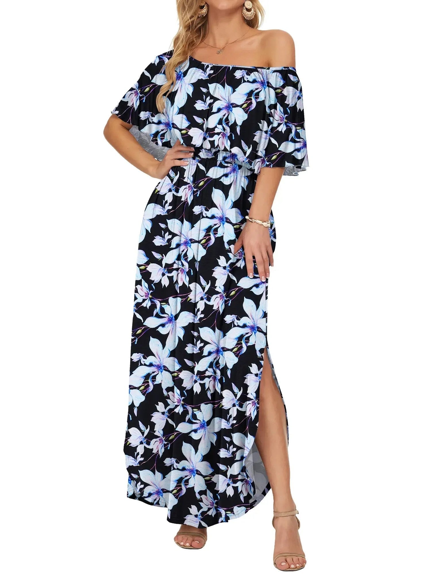 Robe maxi d'été florale pour femme à épaules dénudées