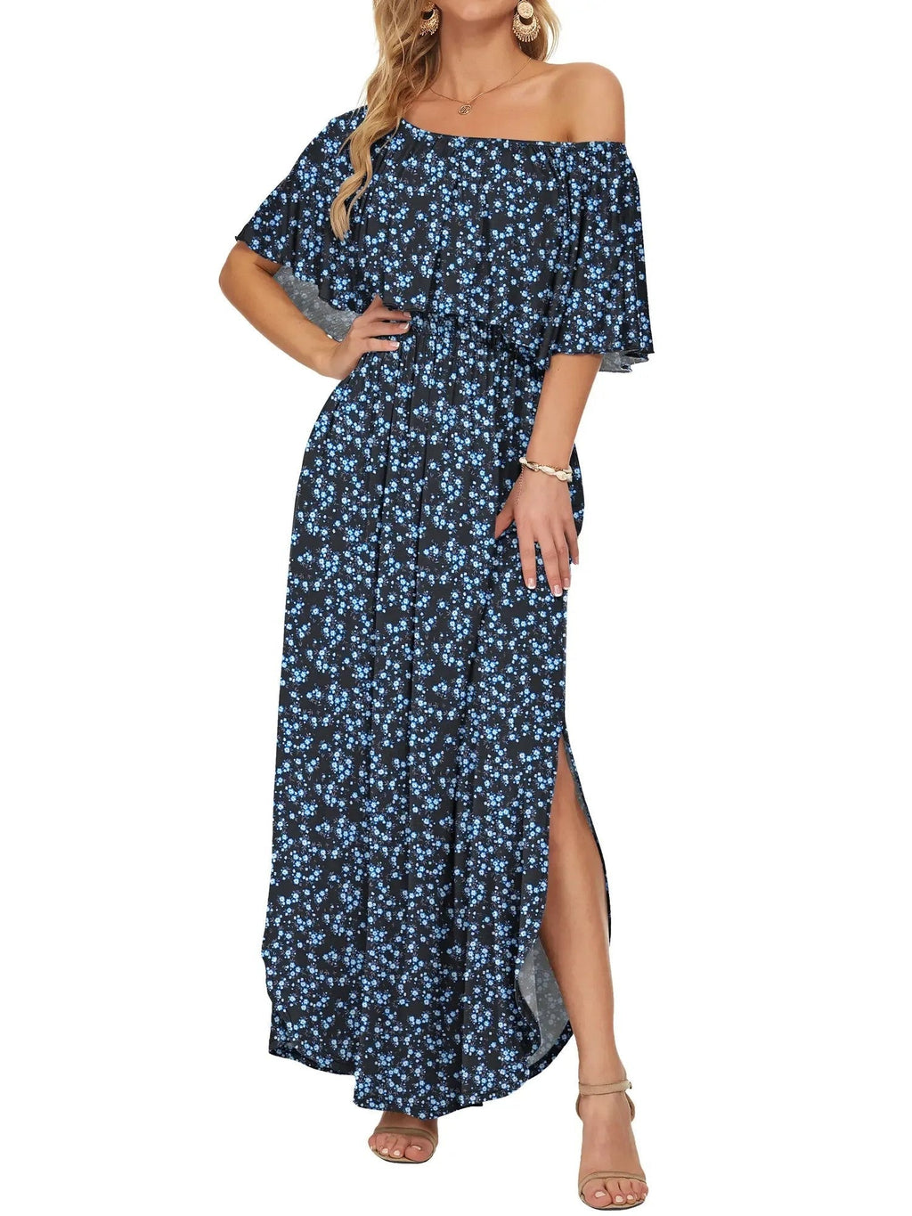 Robe maxi d'été florale pour femme à épaules dénudées