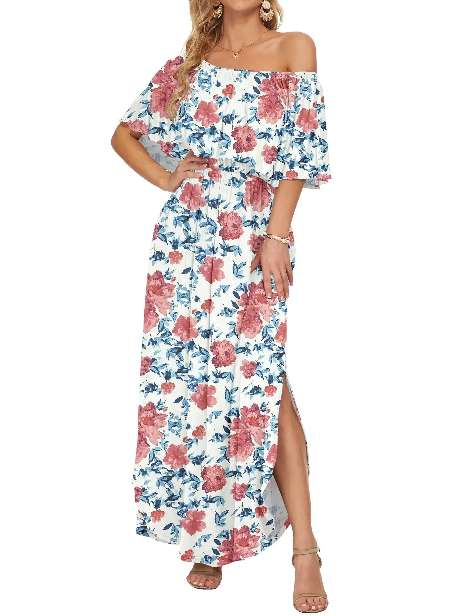 Robe maxi d'été florale pour femme à épaules dénudées